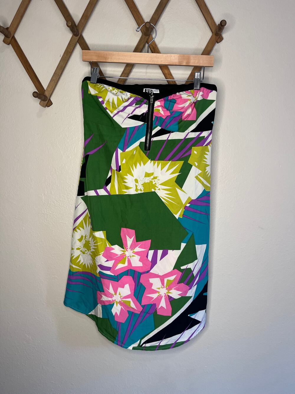 Roxy Strapless Tube Dress Tropical Bright Floral Zip Front Smocked Womens Large